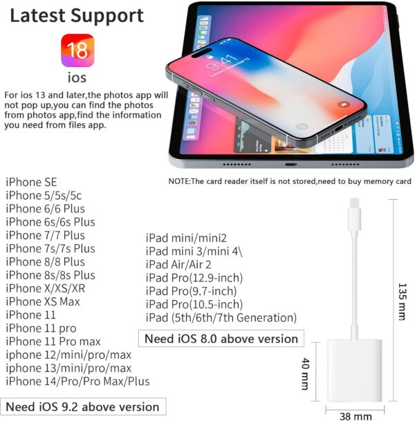 SD Card Reader for iPhone iPad Camera,Dual Card Slot Memory Card Reader Supports SD and TF Card Trail Camera Viewer Sd Card Adapter Portable Micro Sd Card Reader No Application Required Plug and Play - Image 8