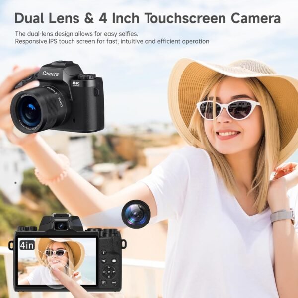 8K Digital Camera for Photography, Vlogging Camera for Youtube with Autofocus, WiFi Touchscreen 16X Digital Zoom Video Camera with 3000mAh Battery, Dual-lens, Lens Hood, 32GB TF Card and Flash,Black - Image 3