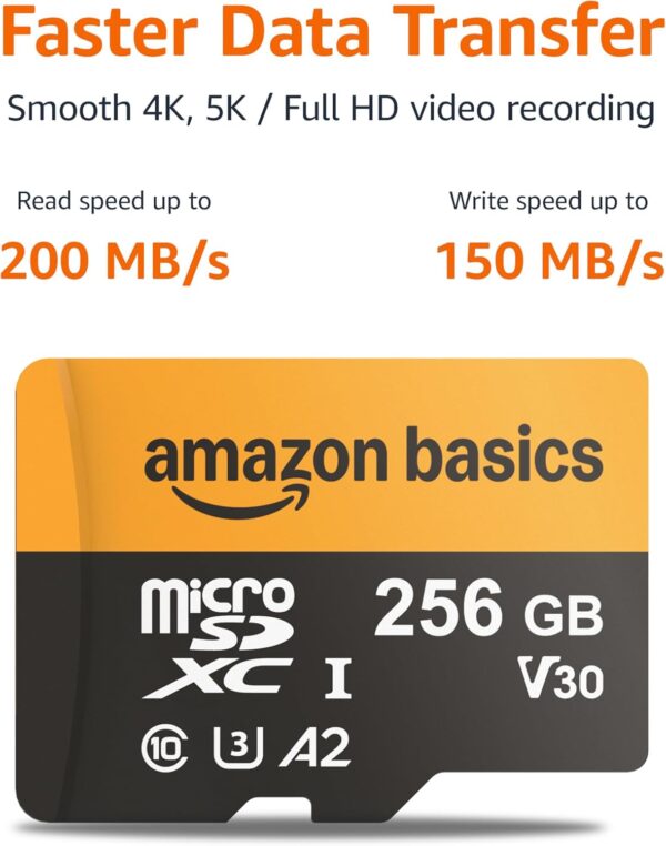 Amazon Basics 256GB Micro SD Card with Reader Adapter, Fast Speed Up to 200MB/s, Black, 1-Pack - Image 2