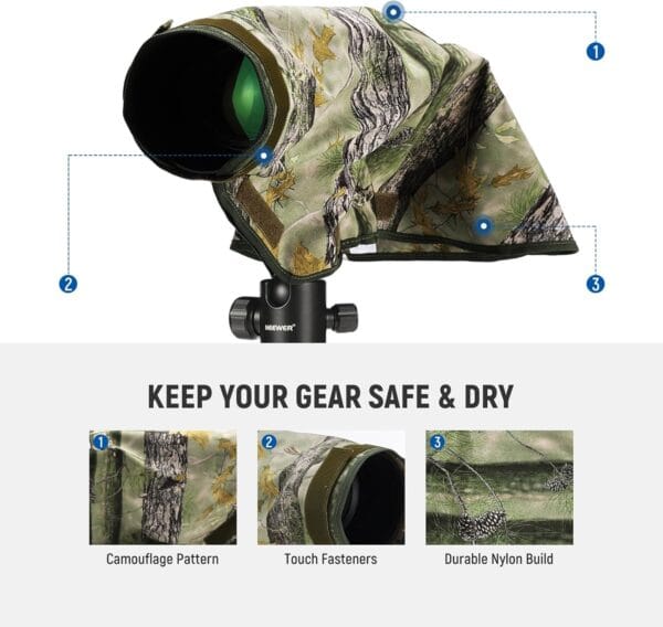 NEEWER Camera Rain Cover, M Medium Size Waterproof Raincoat Cover Sleeve for Canon Sony Nikon Fujifilm DSLR Camera & Lenses up to 200mm, Dual Sided Camouflage Green Camo Nylon, PB021 - Image 7