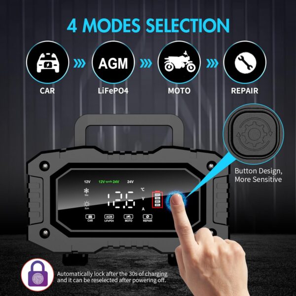 YONHAN Battery Charger 0-20A 12V/24V LiFePO4 Lead Acid Fully Automatic Battery Maintainer, Car Battery Trickle Charger Automotive w/Battery Repair, Winter Mode, for AGM, STD, Gel, Deep Cycle Batteries - Image 4