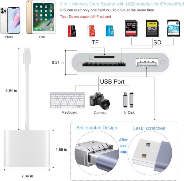 SD Card Reader for iPhone, Memory Card Reader with USB Camera Adapter Plug and Play Trail Game Camera Viewer Supports SD and TF Card MicroSD Card Adapter for iPad No App Required - Image 2