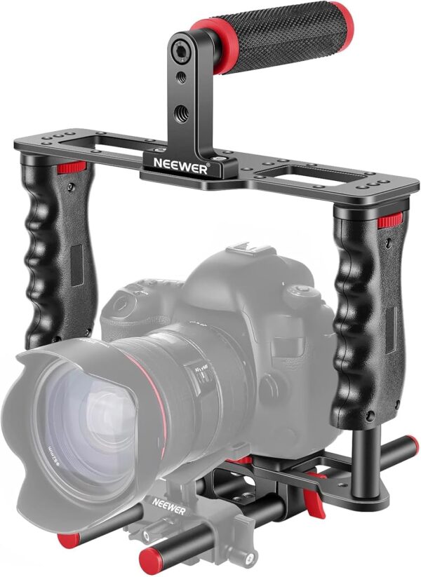 NEEWER Camera Video Cage Film Movie Making Kit, Aluminum Alloy with Top Handle, Dual Hand Grip, Two 15mm Rods, Compatible with Canon Sony Fujifilm Nikon DSLR Camera and Camcorder (Black + Red)