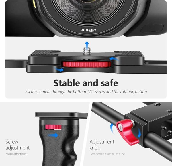 NEEWER Camera Video Cage Film Movie Making Kit, Aluminum Alloy with Top Handle, Dual Hand Grip, Two 15mm Rods, Compatible with Canon Sony Fujifilm Nikon DSLR Camera and Camcorder (Black + Red) - Image 4