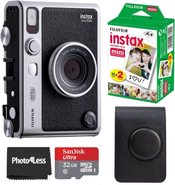 Capture the Moment: Fujifilm Instax Mini EVO Hybrid Instant Camera Bundle with Film, Memory Card & Chic Black Case!