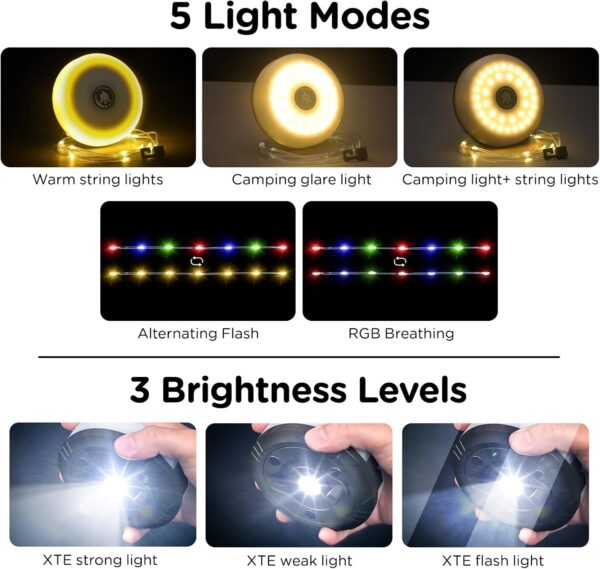 OGERY Camping String Lights, 4 in 1 Quick Storage 32.8FT Rechargeable Tent Lights String with 8 Lighting Modes, Hanging Waterproof Portable LED Lamp for Outdoor Patio Awning Garden Party Essentials - Image 3