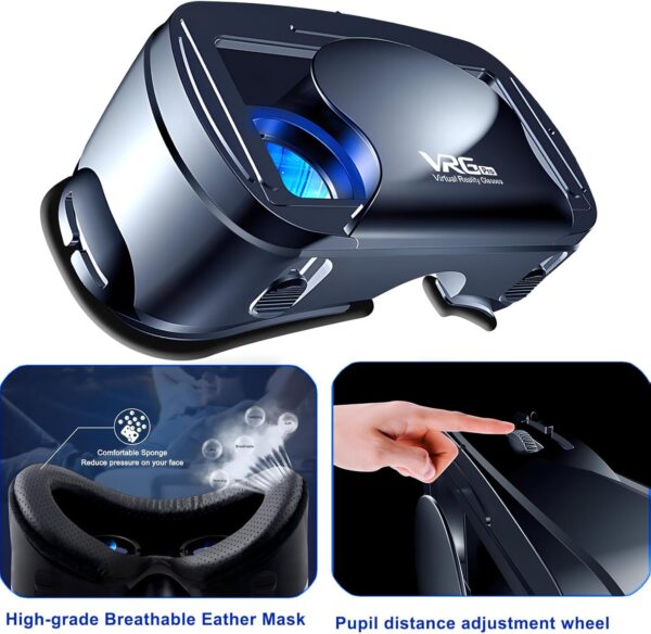 VR Headset, 3D VR Glasses Virtual Reality Goggles Anti-Blue Light for iPhone & Android Compatible 5.0-7.0 inch, Adjustable 3D Glasses Headset Helmets with Controller, for Movies,TV & Video Games - Image 5