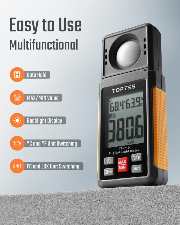 TS-710 Light Meter, Lux/Foot Candles Meter with 180º Rotating Sensor, 0.1~200,000 Lux Range, Large Backlit Display, Light Meter for Plants, Car Headlights, Home & Office LEDs (Includes Battery) - Image 6