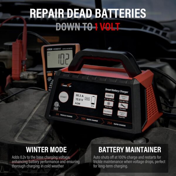 TowerTop 2/10/25 Amp 12V Smart Car Battery Charger, Fully Automatic Battery Maintainer with Engine Start, Auto Desulfator, Battery Repair, Winter Mode, for AGM, STD, Gel, Deep Cycle Batteries - Image 4