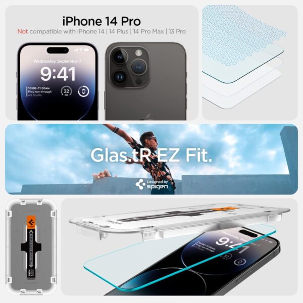 Spigen Tempered Glass Screen Protector [GlasTR EZ FIT] designed for iPhone 14 Pro [Case Friendly] - Sensor Protection / 2 Pack - Image 3