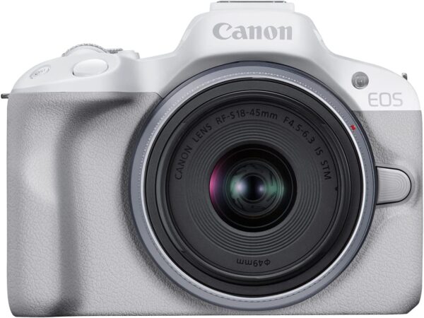 Capture Every Moment: The Canon EOS R50 Mirrorless Camera Kit with Versatile RF-S18-45mm Lens in Stunning White