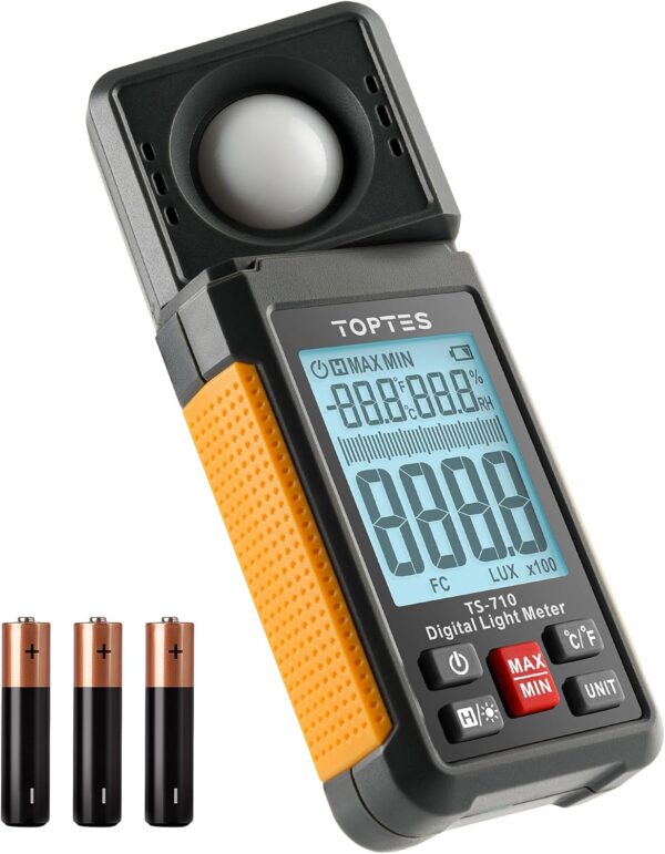 TS-710 Light Meter, Lux/Foot Candles Meter with 180º Rotating Sensor, 0.1~200,000 Lux Range, Large Backlit Display, Light Meter for Plants, Car Headlights, Home & Office LEDs (Includes Battery)