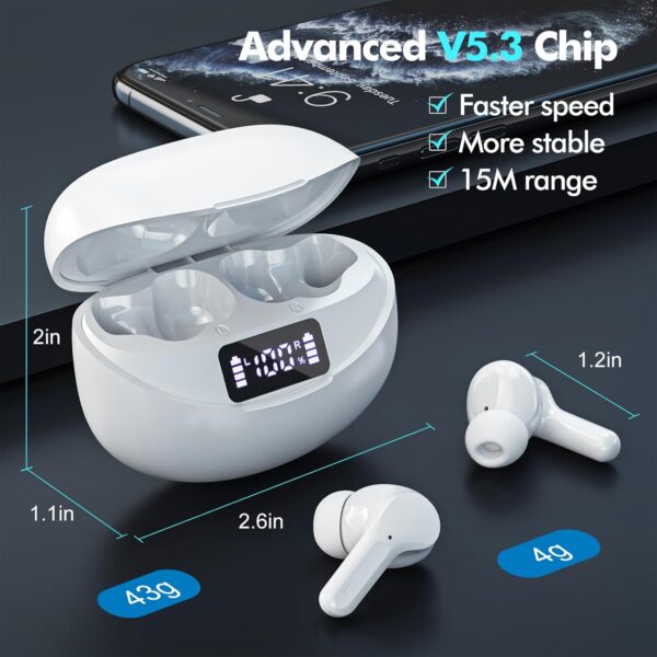 Wireless Earbuds, Bluetooth Headphones 5.3 HiFi Stereo, Wireless Earphones with ENC Noise Cancelling Mic, LED Digital Display in Ear Buds White - Image 2