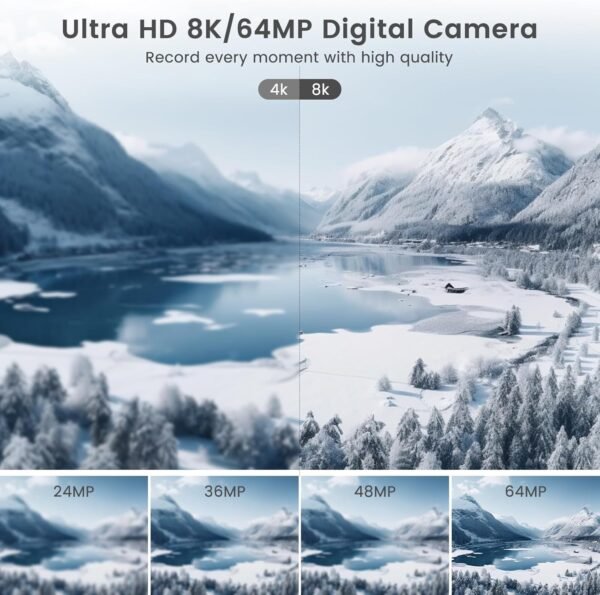 8K Digital Camera for Photography, Vlogging Camera for Youtube with Autofocus, WiFi Touchscreen 16X Digital Zoom Video Camera with 3000mAh Battery, Dual-lens, Lens Hood, 32GB TF Card and Flash,Black - Image 4