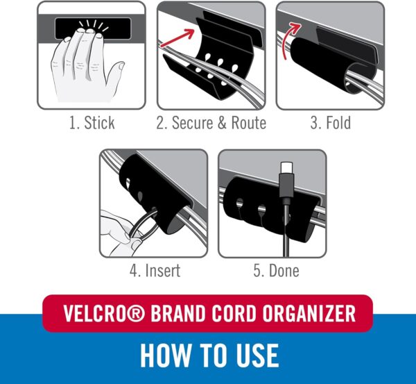 VELCRO Brand Cord Organizer for Desk Cable Management, Nightstand Organization, Unique Dual Function Cable Sleeve Cord Keepers Combo, Holds Wires for Easy Access, Route to Hide, Medium 2pk Black - Image 4