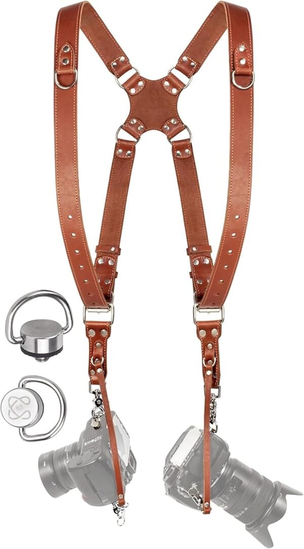 Camera Harness for 2 Cameras – Dual Shoulder Leather Camera Strap – Double Camera Harness for DSLR/SLR, Camera Straps for Photographers of All Levels, Standard Straps/Color Tan