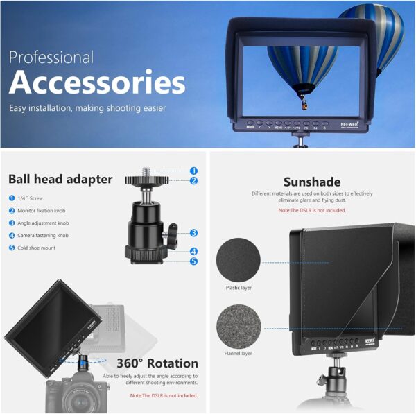 Neewer F100 7inch Camera Field Monitor HD Video Assist IPS 1280x800 HDMI Input 1080p with Sunshade and Ball Head for DSLR Cameras, Handheld Stabilizer, Film Video Making Rig (Battery Not Included) - Image 5