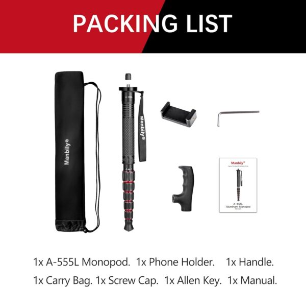 Manbily Camera Monopod Aluminum Portable Compact Lightweight Travel Monopod with Carrying Bag Walking Stick Handle,for DSLR Canon Nikon Sony Video Camcorder,6 Sections up to 61-in (A-555L) - Image 7