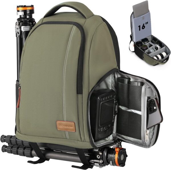 TARION Camera Backpack Waterproof Camera Bag Large Capacity Camera Case with 15 Inch Laptop Compartment Rain Cover for Women Men Photographer Lens Tripod Green