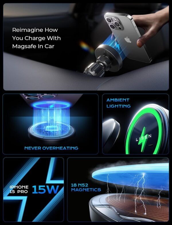Empower Your Drive: The Ultimate 15W MagSafe Magnetic Car Charger for iPhone and Samsung Devices! - Image 3