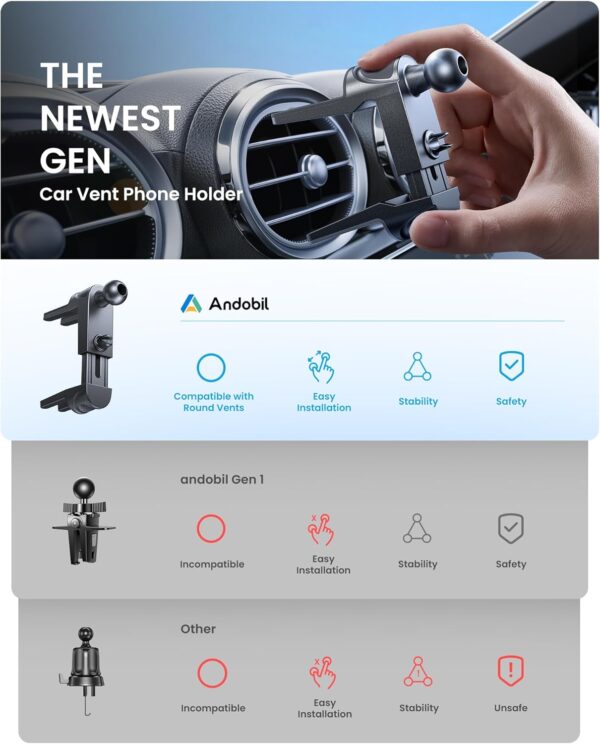 andobil Phone Holders for Your Car - Round Air Vent Phone Mount with Ultra-Strong Metal Clip, 360° Rotation & Anti-Shake Design for iPhone 16/15/14/13/12 Pro Max/Samsung Galaxy S24/Android - Image 2