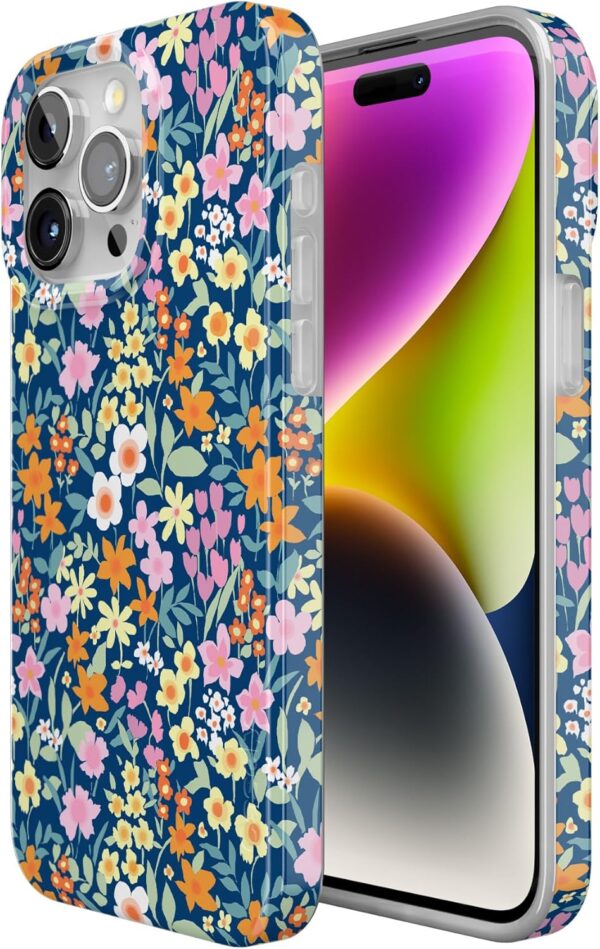 "Petal Power: Slim Navy Floral Case for iPhone 15 Pro - MagSafe & Action Ready!" - Image 3