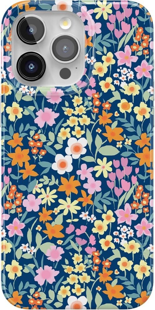 "Petal Power: Slim Navy Floral Case for iPhone 15 Pro - MagSafe & Action Ready!"