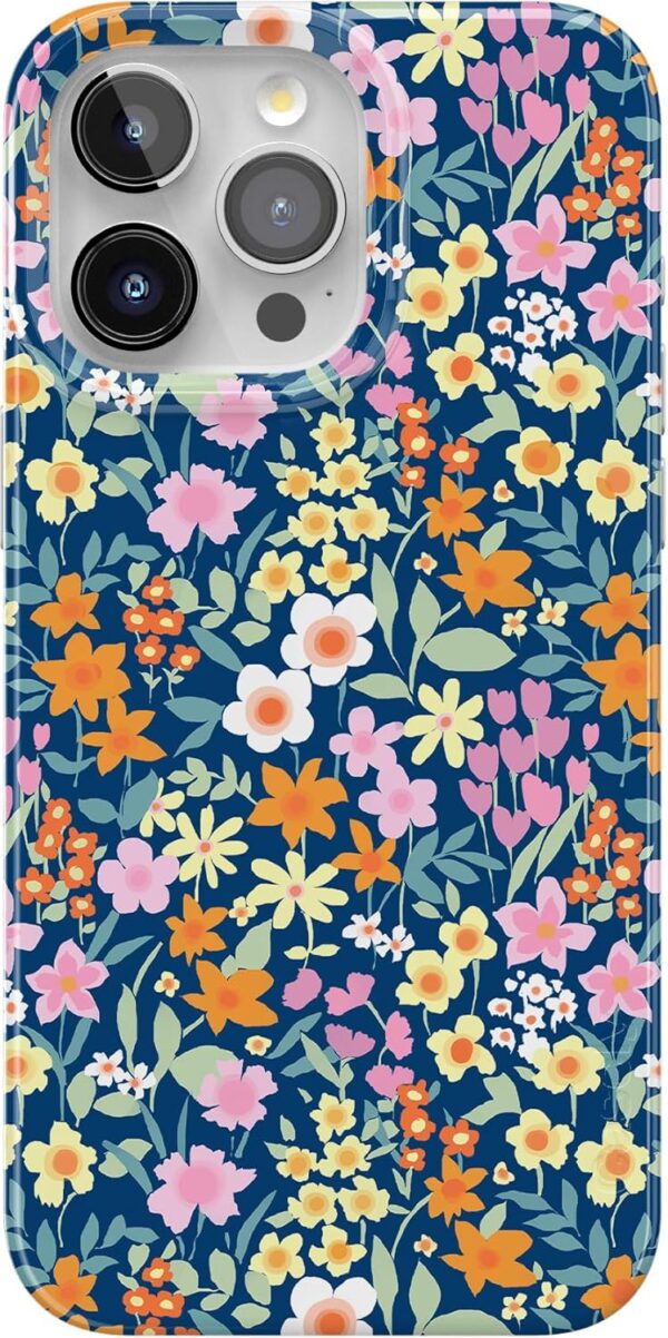 "Petal Power: Slim Navy Floral Case for iPhone 15 Pro - MagSafe & Action Ready!"