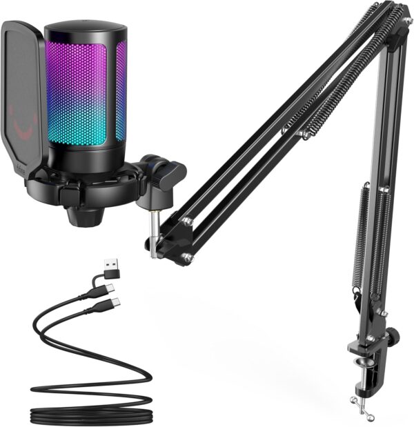 FIFINE Gaming PC USB Microphone, Podcast Condenser Mic with Boom Arm, Pop Filter, Mute Button for Streaming, Twitch, Online Chat, RGB Computer Mic for PC Gamer Youtuber-AmpliGame A6T