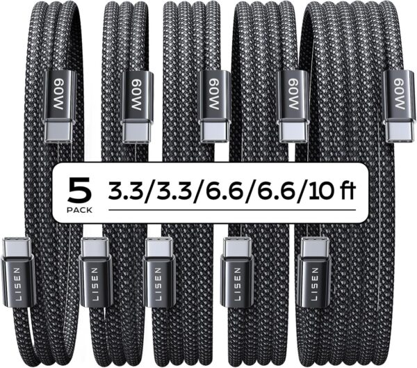 LISEN USB C Cable, 5-Pack [3.3/3.3/6.6/6.6/10FT] USBC to USBC Cable for iPhone 16e 15 Pro Max Charger Cord, 60W (3.1A) C to C Cable Fast Charging for Samsung S25/S24/23, iPad, MacBook Charger