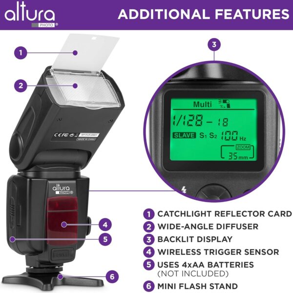 Altura Photo Camera Flash with LCD Display for DSLR & Mirrorless Cameras - External Speedlite Featuring a Standard Hot Shoe, Universal Speedlight for Canon, Sony, Nikon, Panasonic and More - Image 3