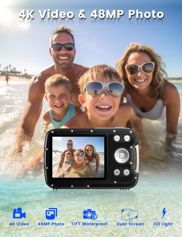Dive into Clarity: 4K 48MP Dual-Screen Waterproof Camera with Floating Strap & 32GB Card for Ultimate Snorkeling Adventures! - Image 2