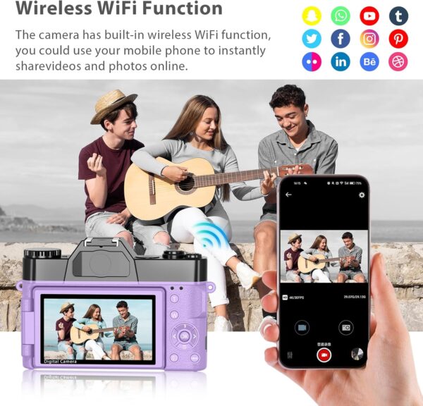 Capture Life in Vivid Detail: 56MP 4K Vlogging Camera with WiFi, 180° Flip Screen & Dual Lens Kit in Stylish Purple! - Image 9