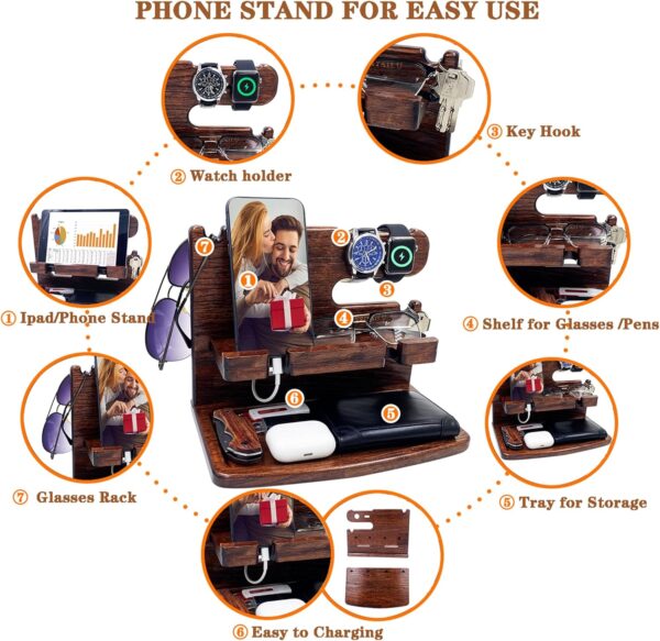 Gifts for Men Women Dad Husband Boyfriend Wood Phone Docking Station Nightstand Organizer for Men Birthday Gifts (Dark Brown) - Image 4