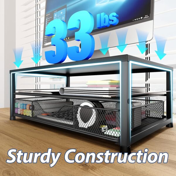 Desk Organizer and Accessories, 2-Tier Computer Monitor Stand with Drawer and 2 Pen Holders, Office Desk Accessories for Office Supplies, Black - Image 5