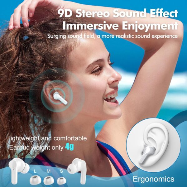 Wireless Earbuds, Bluetooth Headphones 5.3 HiFi Stereo, Wireless Earphones with ENC Noise Cancelling Mic, LED Digital Display in Ear Buds White - Image 6