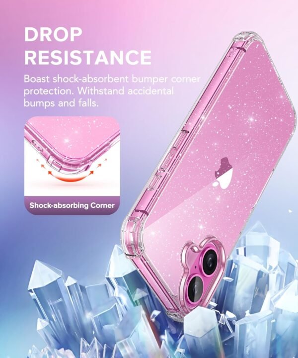BERFY Compatible with iPhone 16 Case Glitter, [3 in 1] with Screen Protector + Camera Lens Protector, [Non-Yellowing] Clear Sparkle Slim Shockproof Hard Phone Cover for Women 6.1", Shiny Clear - Image 4