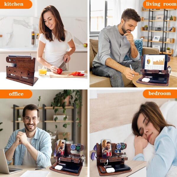 Gifts for Men Women Dad Husband Boyfriend Wood Phone Docking Station Nightstand Organizer for Men Birthday Gifts (Dark Brown) - Image 2