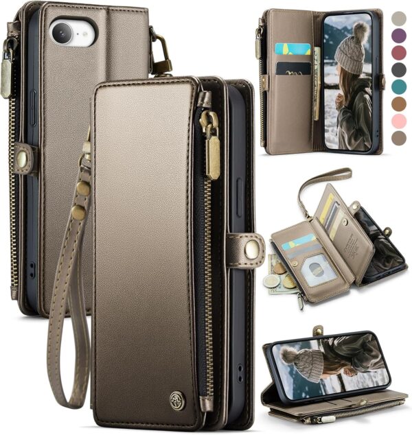 Chic Elegance: RFID-Blocking Desert Titanium Wallet Case for iPhone 16E with Stylish Flip Design and Wrist Strap