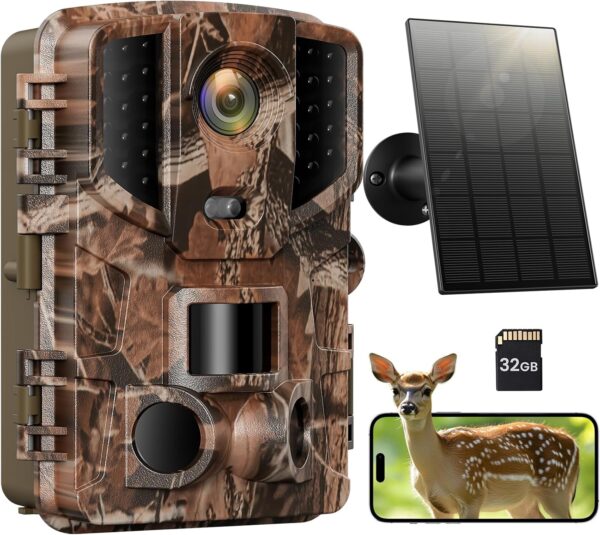 Solareye Trail Camera WiFi - 48MP 2.7K Game Camera with Night Vision Motion Activated with 32GB SD Card,120° Detection Angle,Built-in 5000mAh Battery 0.2s Trigger Speed IP66 for Wildlife Monitor (US)