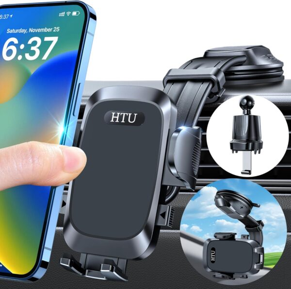 HTU [True Military-Grade Car Phone Holder [2025 Upgraded Strongest Suction & Vent Clip] Cell Phone Car Mount for Dashboard Windshield Vent Truck Cradle Dash Stand,Black