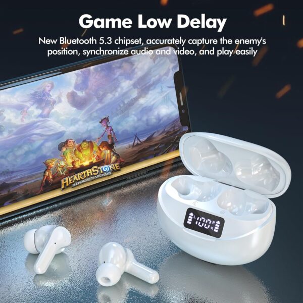 Wireless Earbuds, Bluetooth Headphones 5.3 HiFi Stereo, Wireless Earphones with ENC Noise Cancelling Mic, LED Digital Display in Ear Buds White - Image 4