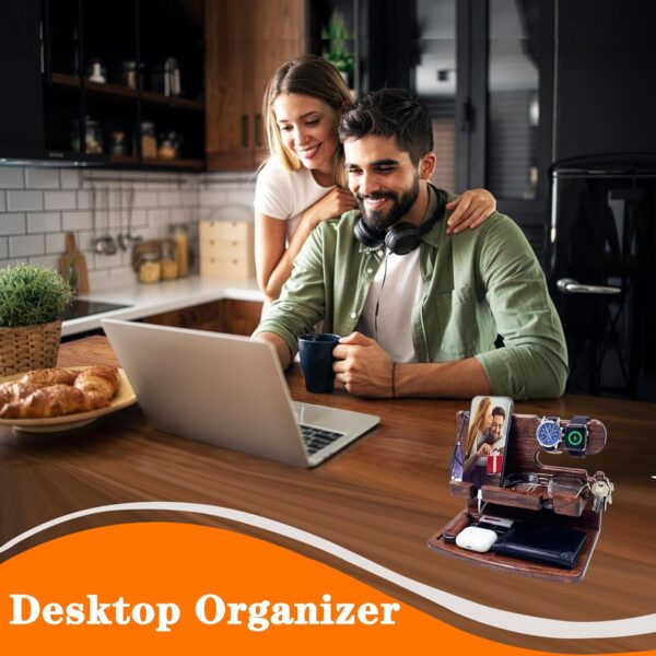 Gifts for Men Women Dad Husband Boyfriend Wood Phone Docking Station Nightstand Organizer for Men Birthday Gifts (Dark Brown) - Image 7