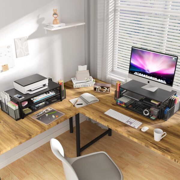 Desk Organizer and Accessories, 2-Tier Computer Monitor Stand with Drawer and 2 Pen Holders, Office Desk Accessories for Office Supplies, Black - Image 8