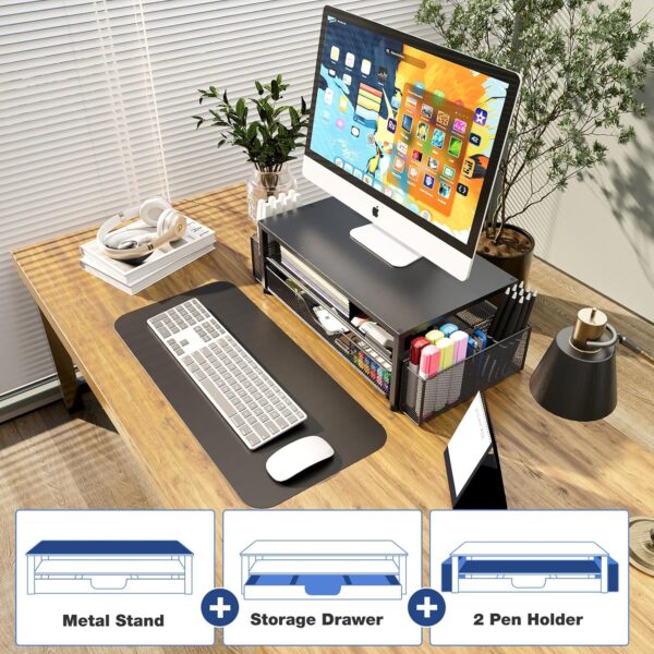 Desk Organizer and Accessories, 2-Tier Computer Monitor Stand with Drawer and 2 Pen Holders, Office Desk Accessories for Office Supplies, Black - Image 7