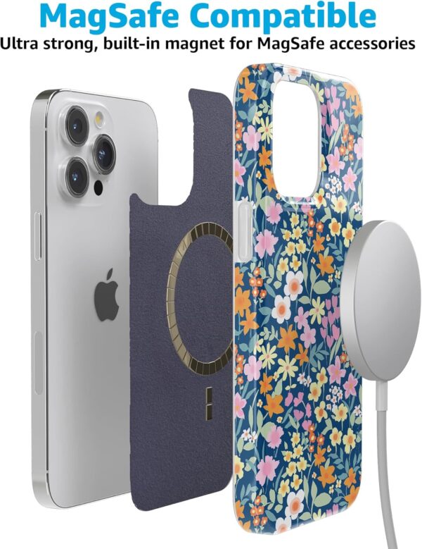 "Petal Power: Slim Navy Floral Case for iPhone 15 Pro - MagSafe & Action Ready!" - Image 6