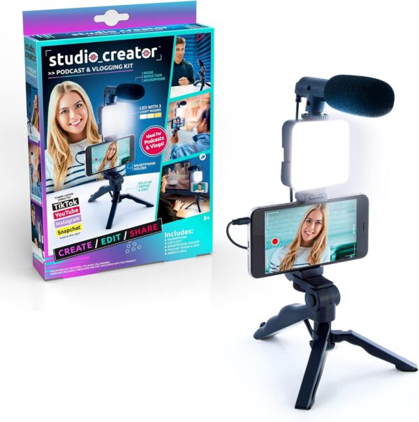 Canal Toys New Studio Creator Podcast & Vlogging Kit – Record Your own podcasts and Vlogs Like Your Favorite influencers! Fold-up Tripod, LED Light & Microphone. Ages 8+