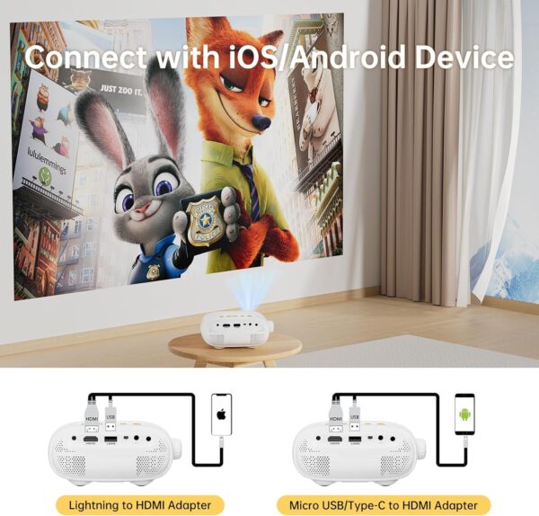 ARTSEA Mini Portable Projector for iPhone - HD 1080P Support Pico Movie Projector to Watch Cartoon, Phone Projector Compatible with HDMI, USB, TV Stick, Laptop, iOS and Android - Image 2