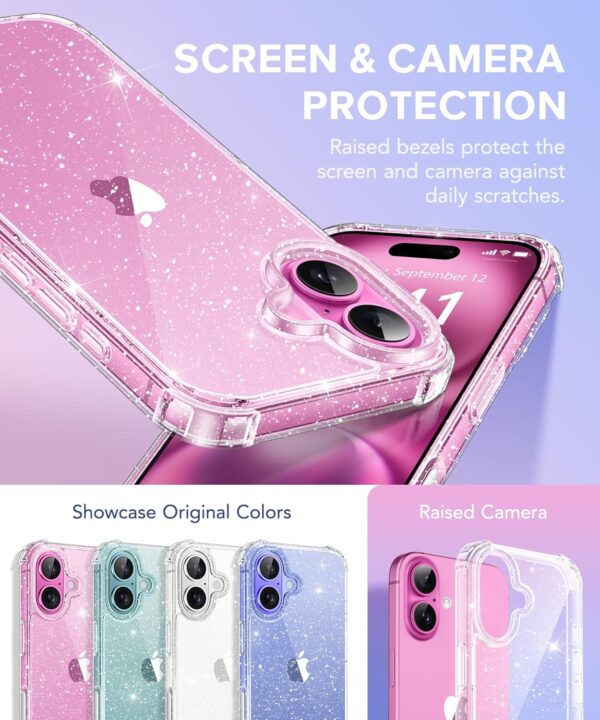 BERFY Compatible with iPhone 16 Case Glitter, [3 in 1] with Screen Protector + Camera Lens Protector, [Non-Yellowing] Clear Sparkle Slim Shockproof Hard Phone Cover for Women 6.1", Shiny Clear - Image 2