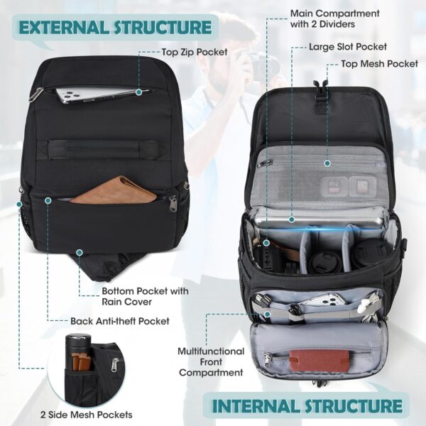 RAINSMORE Camera Bag, DSLR/SLR/Mirrorless Camera Case with Tripod Holder Waterproof Camera Sling Bag Crossbody Camera Bags for Photographers with Rain Cover for Canon/Nikon/Sony/Fuji, Black - Image 2